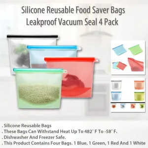 4-Pack Silicone Reusable Food Bags - Vacuum Seal & Storage Solution