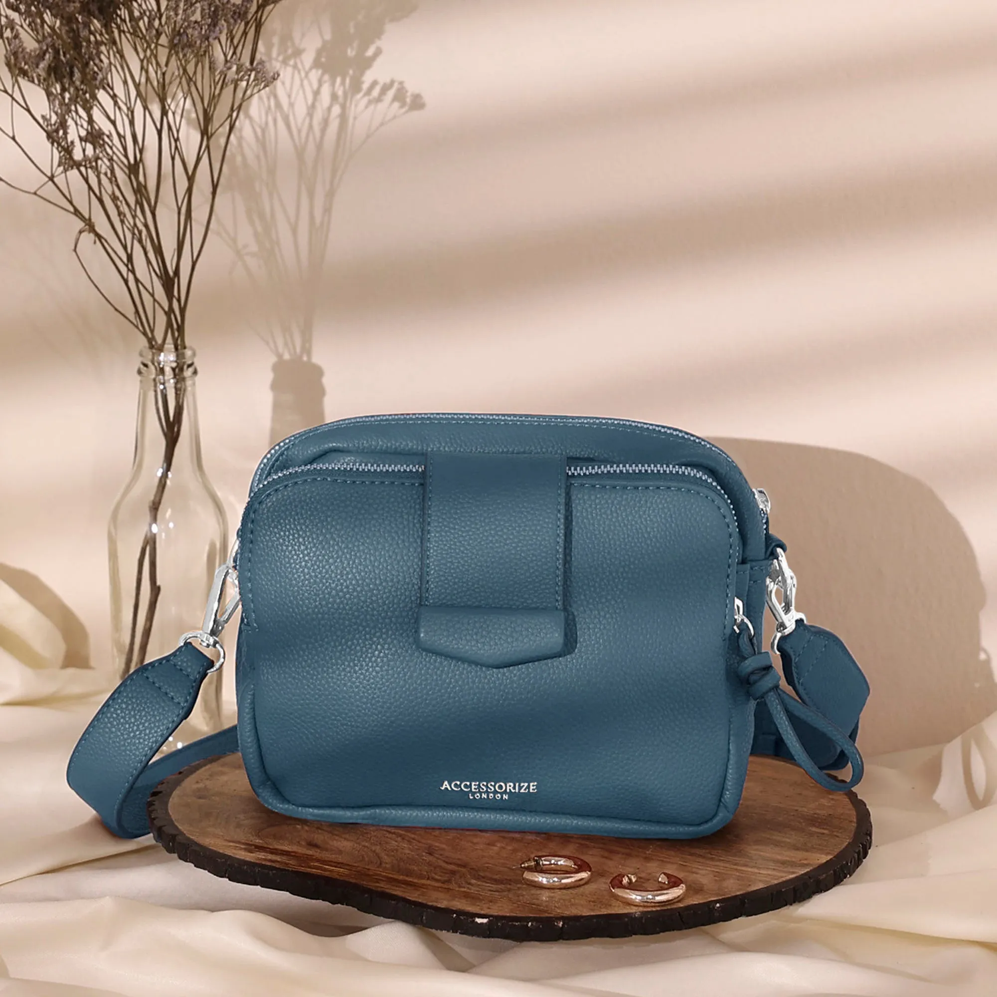 Accessorize London Women's Blue Wide Strap Functional Sling Bag