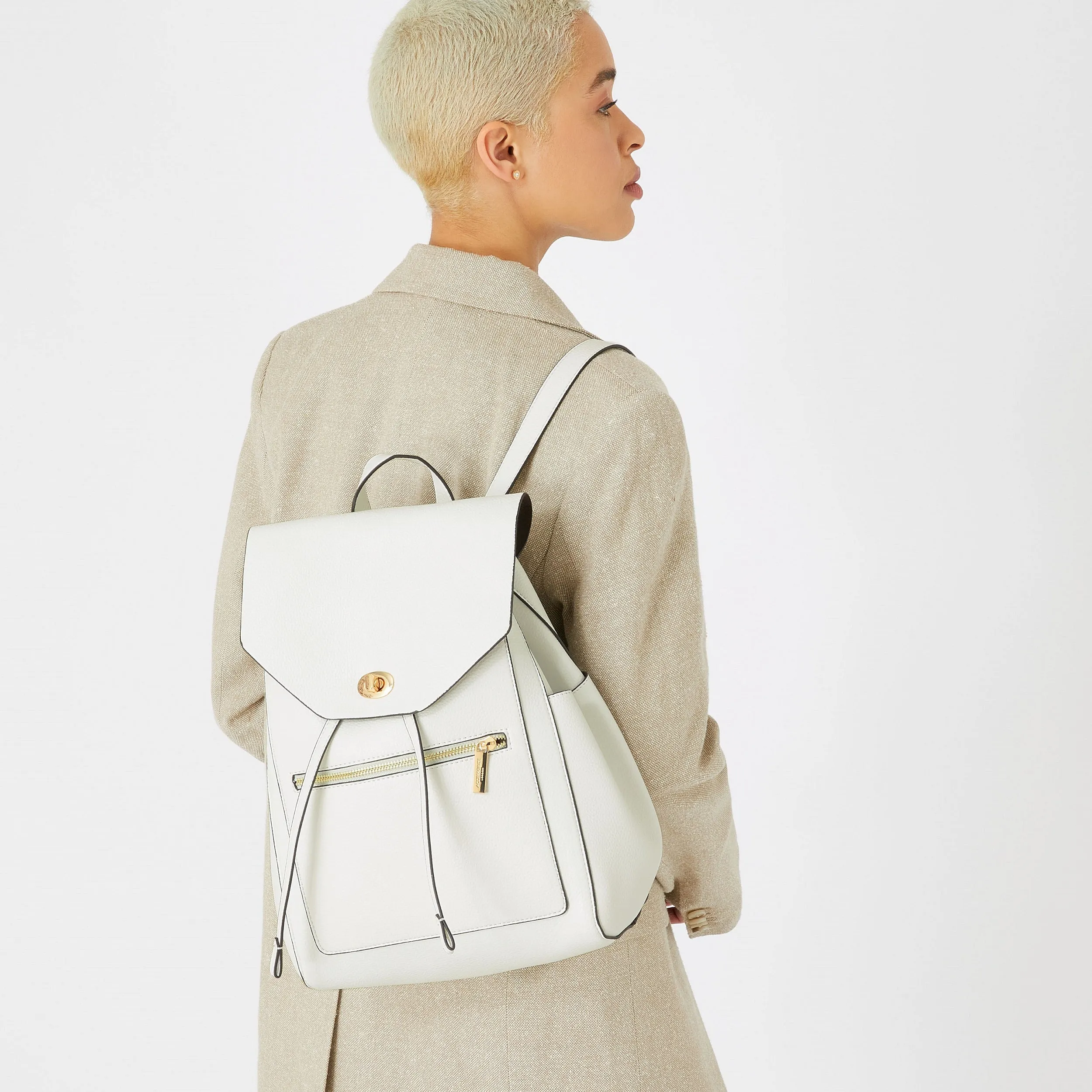Accessorize London Women's Faux Leather White Nikki zip backpack bag
