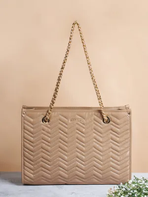 Berrylush Women Solid Beige Synthetic Leather Chain Strap Two-Handles Quilted Shoulder Bag