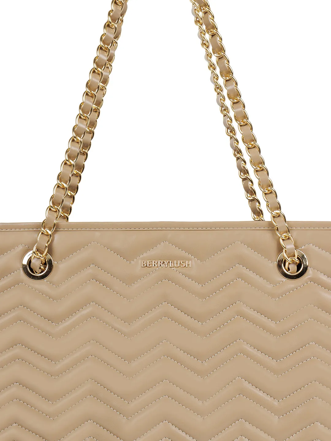 Berrylush Women Solid Beige Synthetic Leather Chain Strap Two-Handles Quilted Shoulder Bag