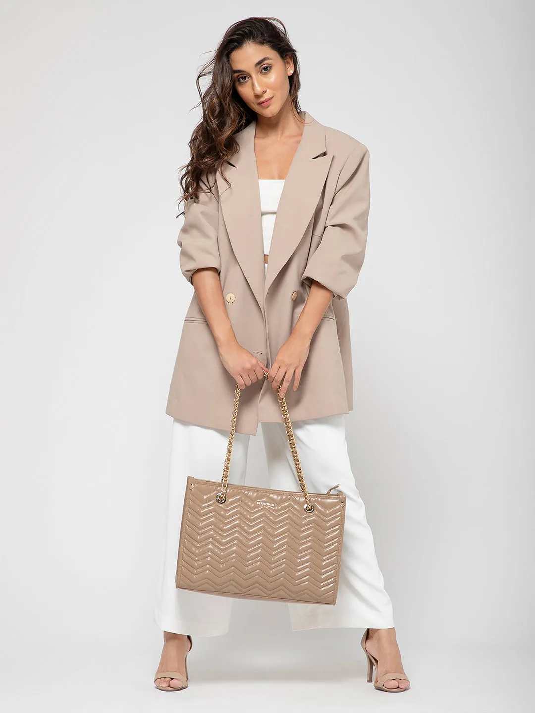 Berrylush Women Solid Beige Synthetic Leather Chain Strap Two-Handles Quilted Shoulder Bag