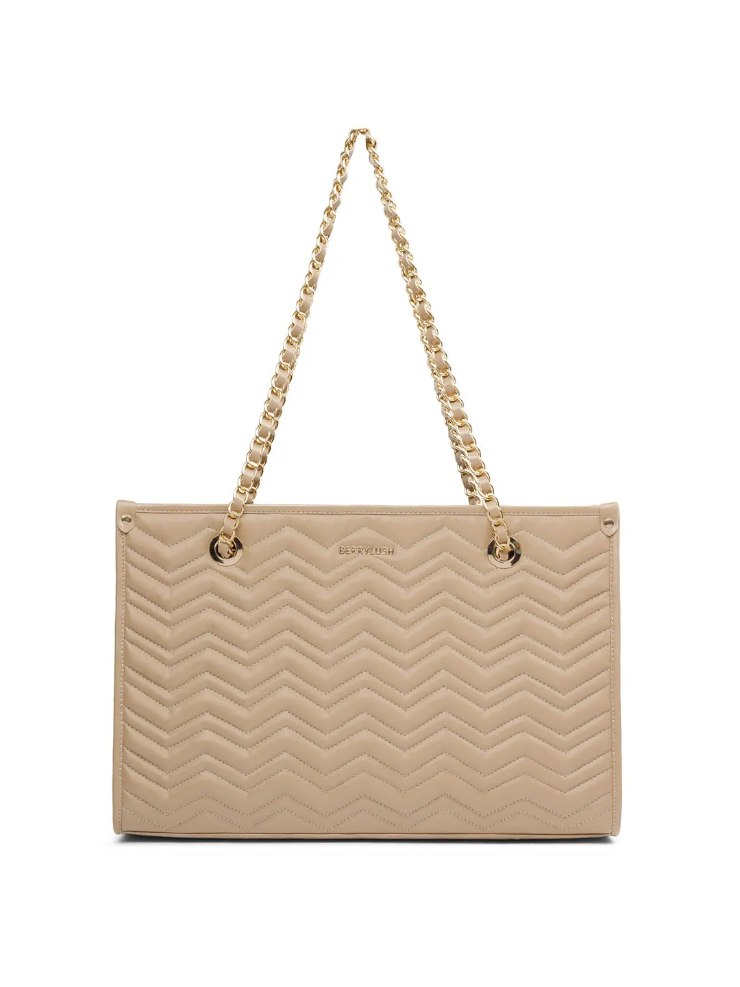Berrylush Women Solid Beige Synthetic Leather Chain Strap Two-Handles Quilted Shoulder Bag
