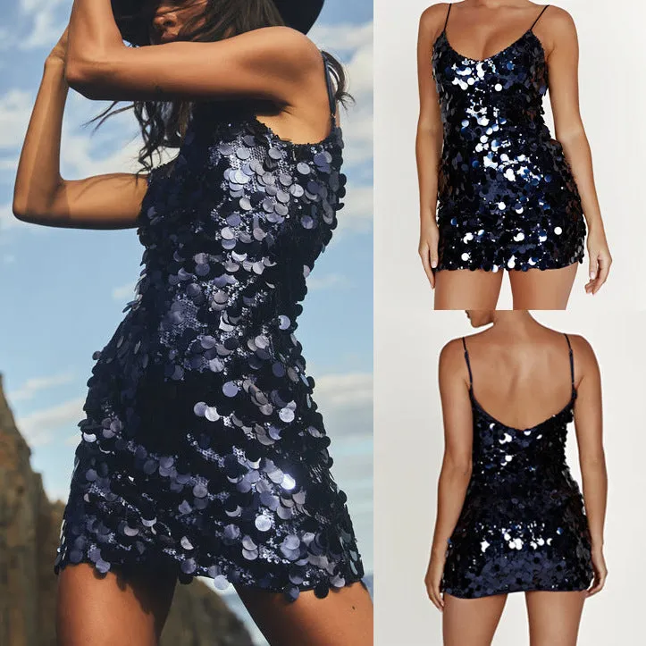 Fashion Sequin Irregular Spaghetti-Strap Dress