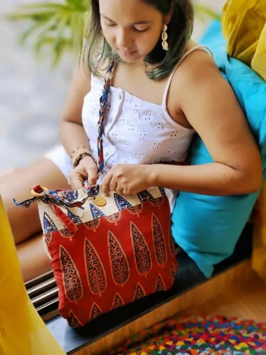 Maroon & Off-White Hand Block Printed Braided Ethnic Sling Bags