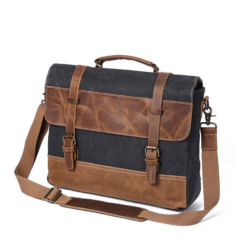 Men's Canvas Shoulder Messenger Bag Briefcase with Zipper and Multiple Pockets