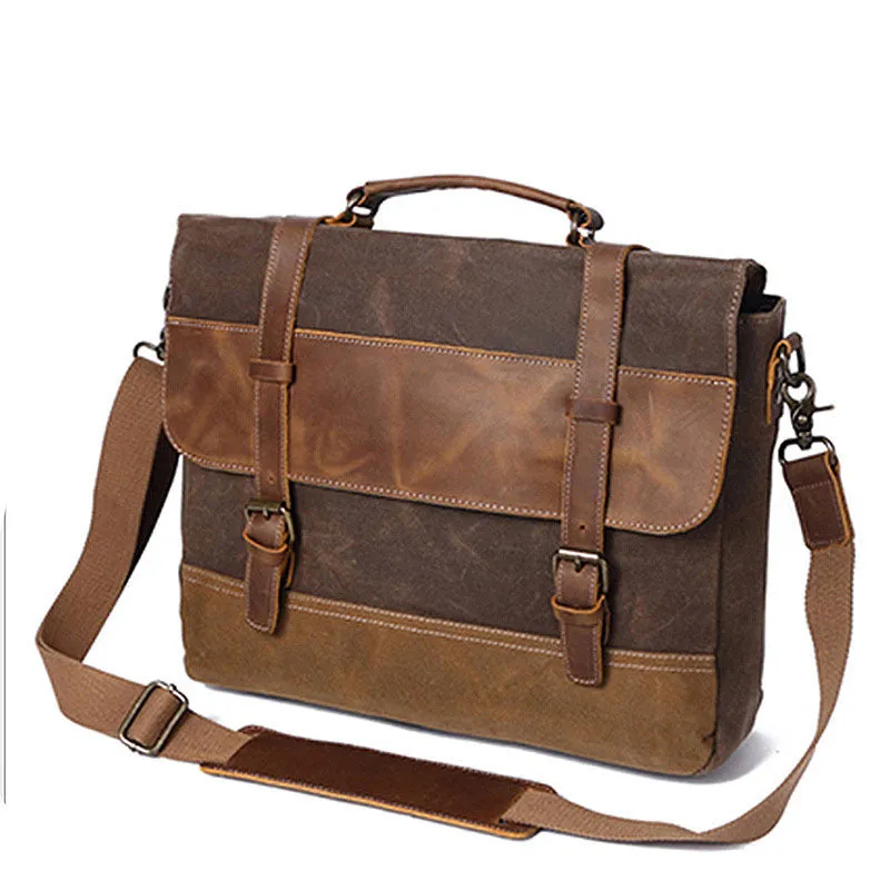 Men's Canvas Shoulder Messenger Bag Briefcase with Zipper and Multiple Pockets