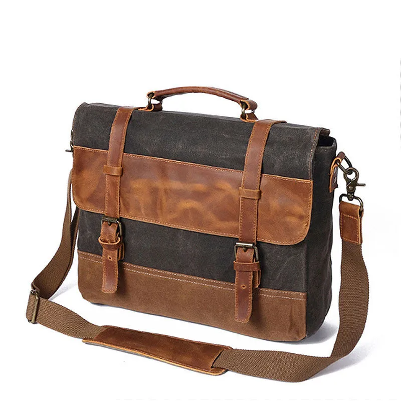 Men's Canvas Shoulder Messenger Bag Briefcase with Zipper and Multiple Pockets