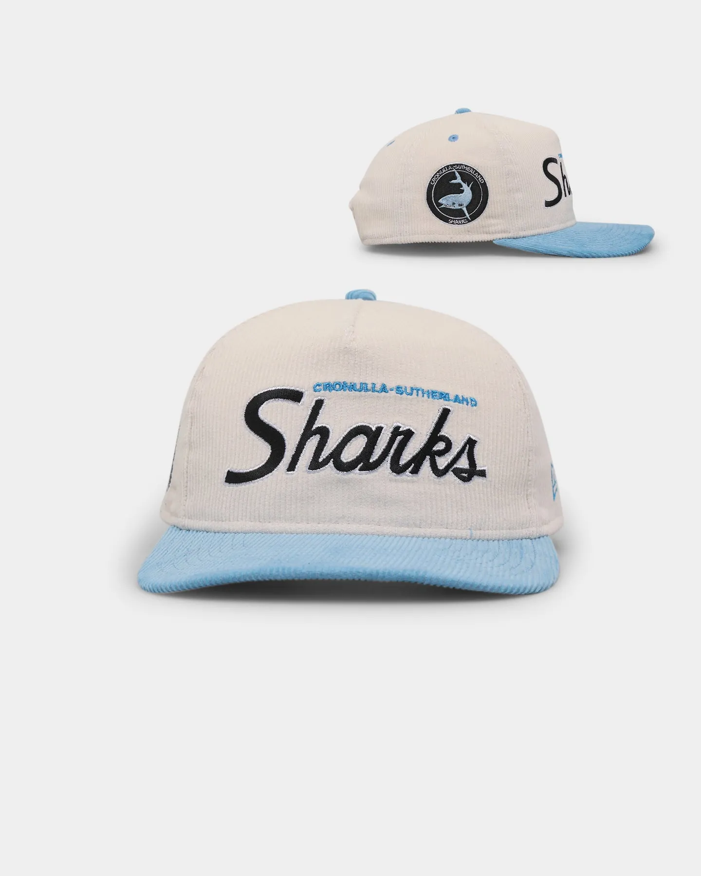 New Era Cronulla Sharks 'NRL Retro Script Corduroy' Golfer Snapback Chrome White