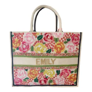 Personalized Beaded Floral Tote