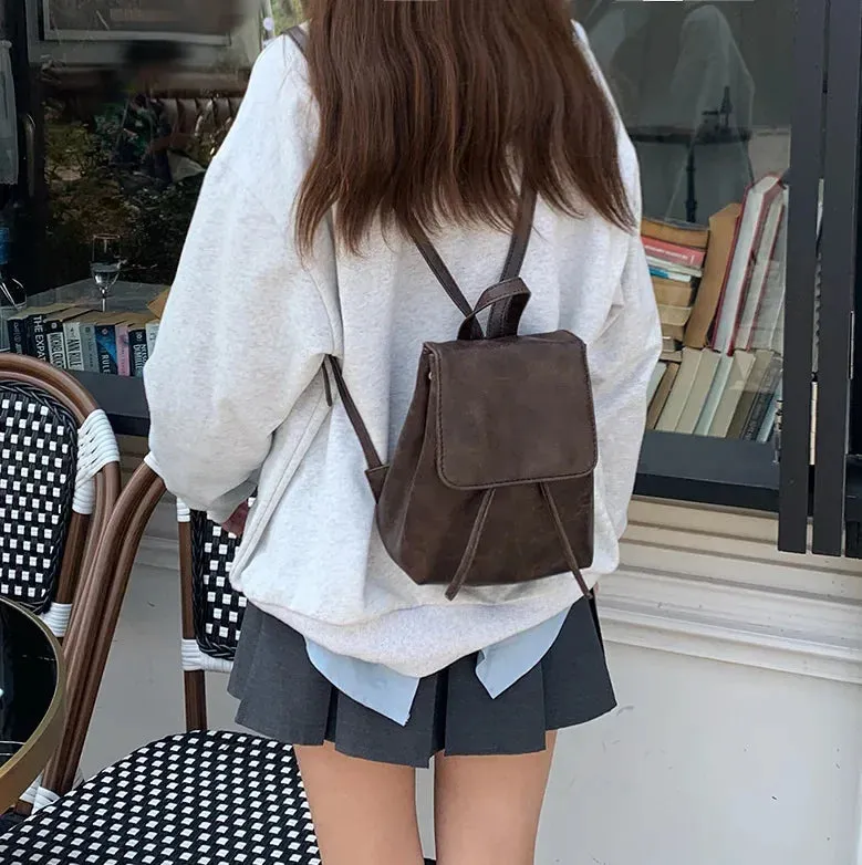 Sohiwoo Small Retro Texture Drawstring Backpack And Female New Style  Bag Shoulder Brown Black Compact Style New Backpack Knapsack