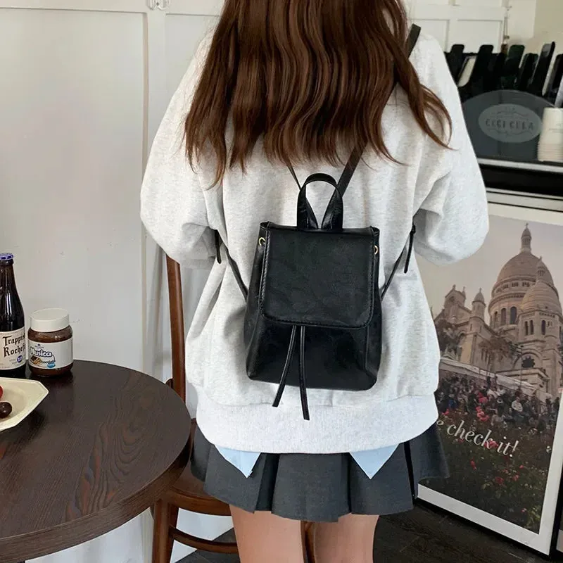 Sohiwoo Small Retro Texture Drawstring Backpack And Female New Style  Bag Shoulder Brown Black Compact Style New Backpack Knapsack