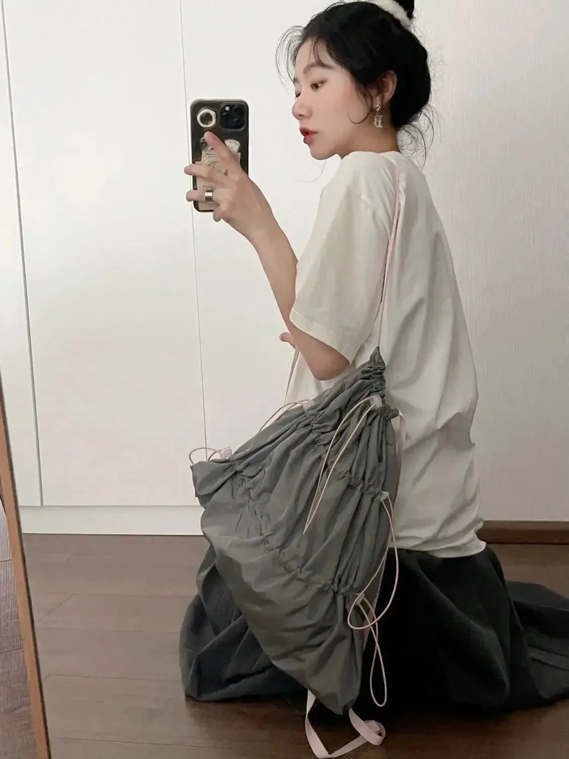Sohiwoo Spring/Summer Contrast Color Drawstring Backpack Causal Korean Style Simple Retro Backpacks