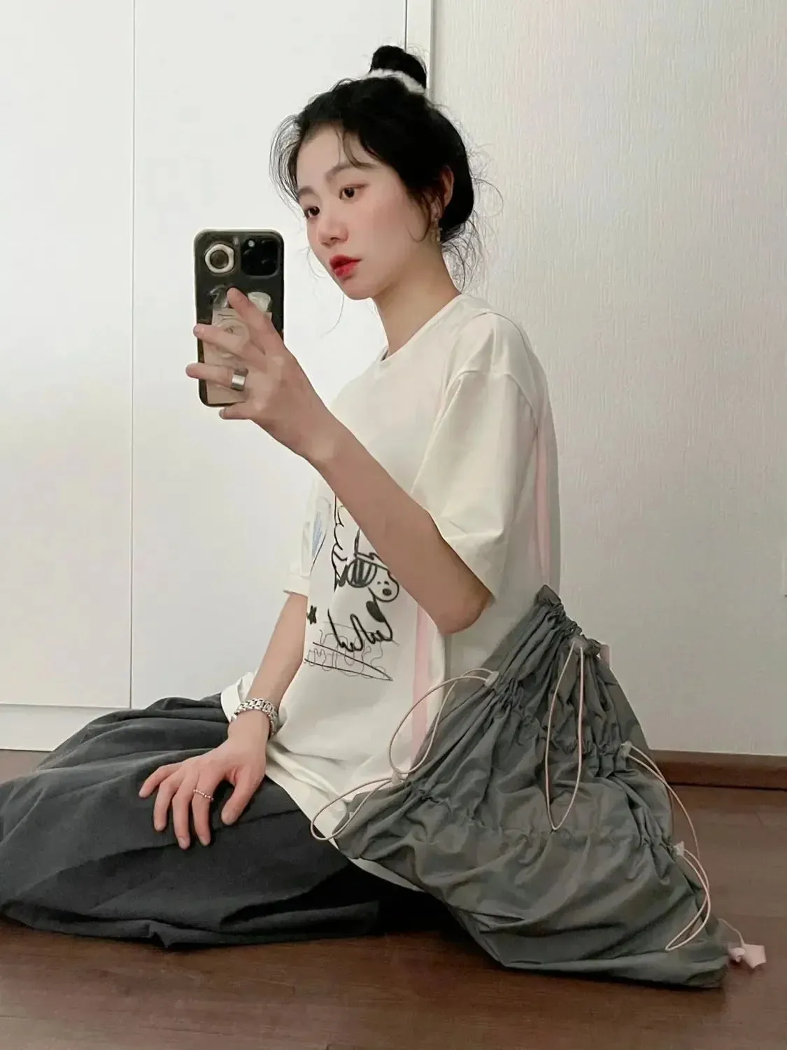 Sohiwoo Spring/Summer Contrast Color Drawstring Backpack Causal Korean Style Simple Retro Backpacks