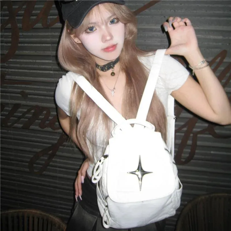 Sohiwoo White Y2k Womens Backpack Vintage American Style Designer Fashion Aesthetic Backpacks Casual Leather Simple New Luxury Bag