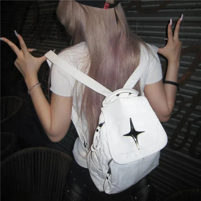 Sohiwoo White Y2k Womens Backpack Vintage American Style Designer Fashion Aesthetic Backpacks Casual Leather Simple New Luxury Bag