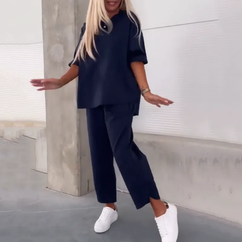 Womens Casual Solid Short-Sleeve Tops  Pants Two-Piece Set