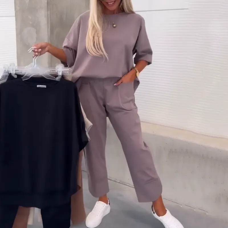 Womens Casual Solid Short-Sleeve Tops  Pants Two-Piece Set