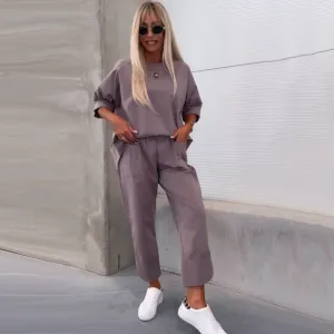 Womens Casual Solid Short-Sleeve Tops  Pants Two-Piece Set