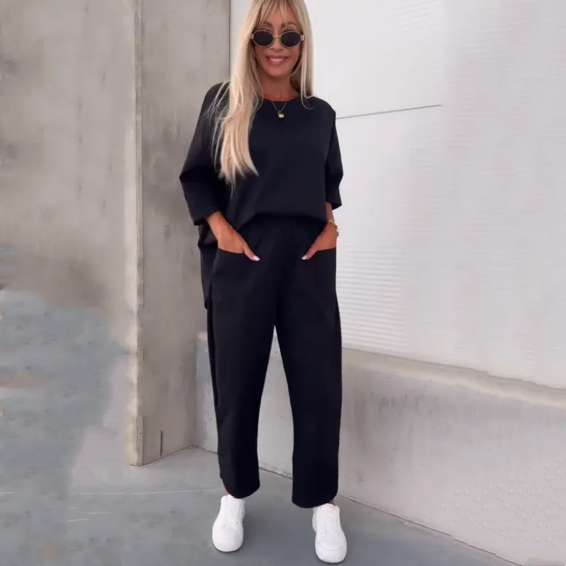 Womens Casual Solid Short-Sleeve Tops  Pants Two-Piece Set