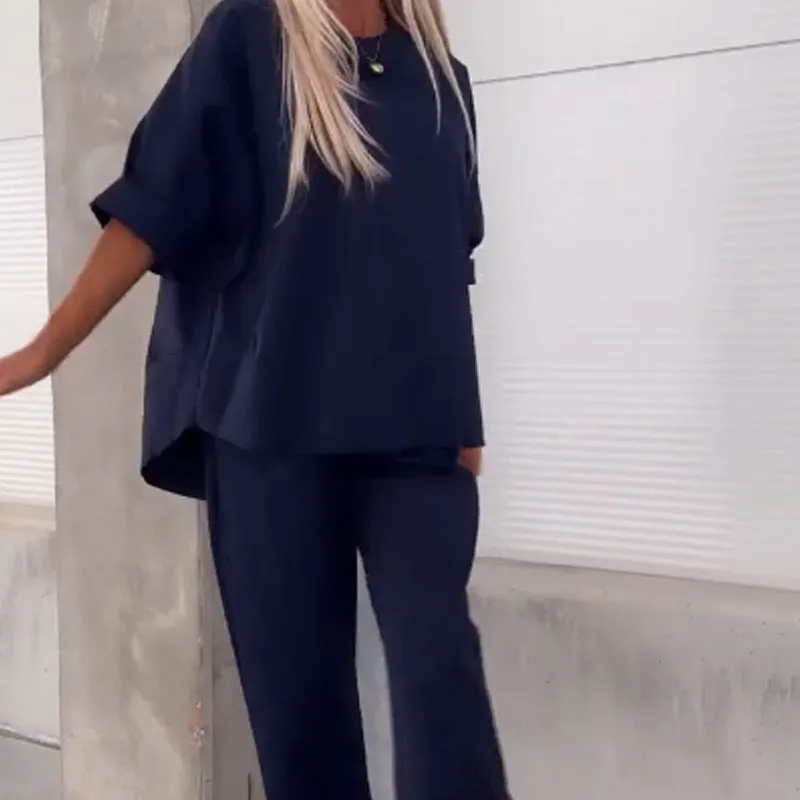 Womens Casual Solid Short-Sleeve Tops  Pants Two-Piece Set