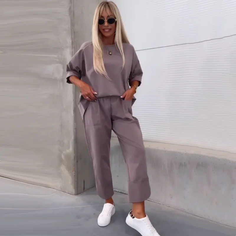 Womens Casual Solid Short-Sleeve Tops  Pants Two-Piece Set